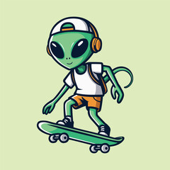 cartoon alien riding a skateboard. isolated green alien skateboarding