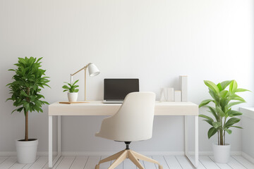 A bright space with a white minimalist desk, a workplace view illustration generative ai 