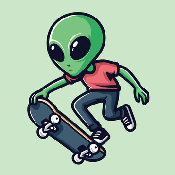 cartoon alien riding a skateboard. isolated green alien skateboarding