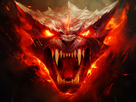 Head of the Fire Dragon on the Dark Background, Fire Creature