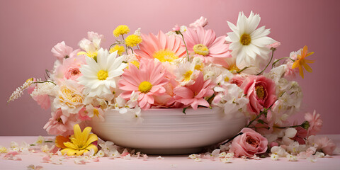 A pink background with daisies on it, Delicate spring bouquet of bright pink flowers with yellow petals and buds on pastel pink background

