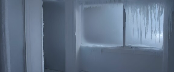 the room is cold, everything is covered with frost and ice, , it is very cold, there is no heating or electricity