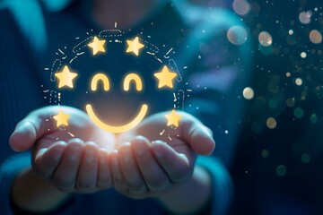Experience excellent customer services happy smile, smiley face icon. Trustworthy support, top rated star ratings, positive feedback. Five star client service rating, customer success satisfaction.