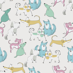Fototapeta premium Seamless pattern with funny dogs playing. Perfect for kids. Bone, ball and terrier doodles on blue background
