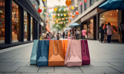 a lot of colorful shopping bags on the street near the store	
copy space - obrazy, fototapety, plakaty