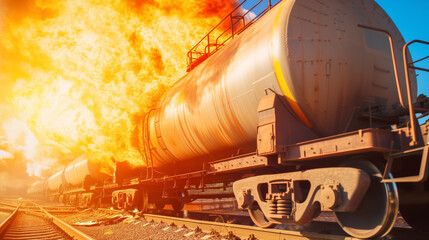 Large tanker with oil products burns on the railway, accident, disaster with fire on the railway