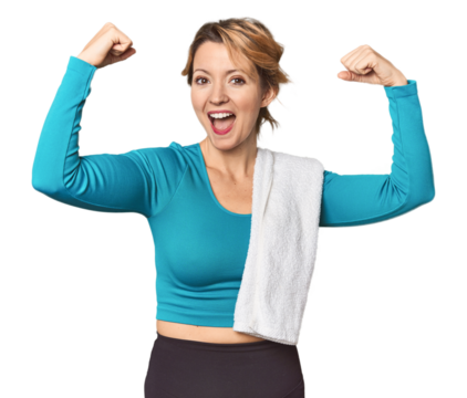 Caucasian woman in sportswear with towel showing strength gesture with arms, symbol of feminine power