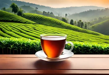 Deurstickers Cup of hot tea and tea leaf on the wooden table and the tea plantations background  © Muhammad
