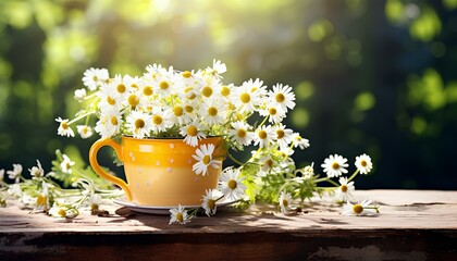 Chamomile flowers in cup on wooden table with sun shining in celebration of spring. Cup of tea with flowers inside. White chamomile flower. Calming white flower still in a teacup in nature