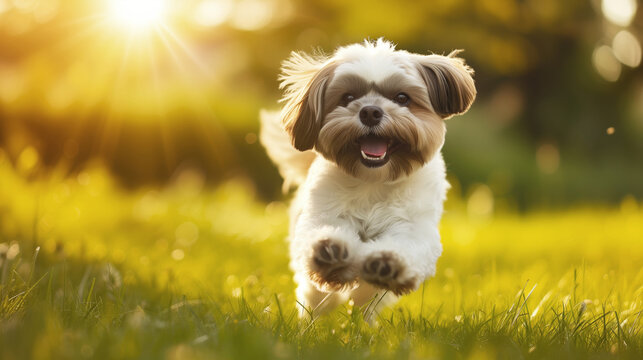 Cute and happy shih tzu dog running on a green field on a sunny day