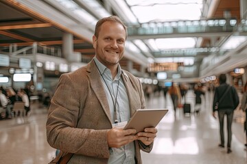 Fototapeta premium Modern businessman standing at airport with smartphone in hand and bag slung over shoulder epitomizing blend of professionalism and travel captures essence of young