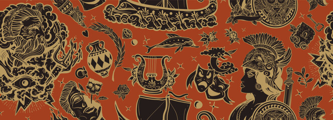 Ancient Greece seamless pattern. Antique ceramic style.  Athena and Zeus, greek olympic god, old boat, olive, golden fleece, vase, statue head. Historical myths heroes and legends background