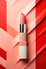 Creative flat lay red lipstick on a geometric background in the style of pop art
