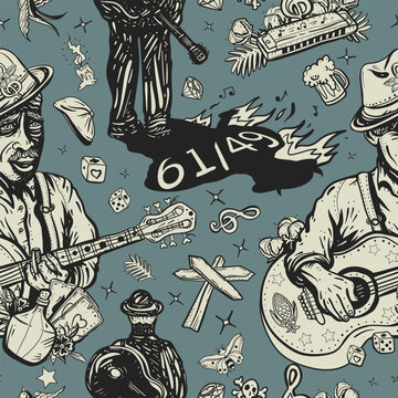 Music pattern. Blues. Old school tattoo style. Musical art. Elderly Afro American musician, bluesman goes along the road, slide guitar. Crossroads and devil