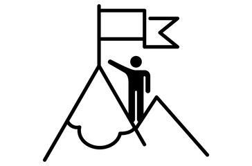 Man and flag icon on mountain peak. Business life, leadership management. Black and White line art style, editable vector Illustration file on transparent background.