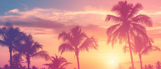 Fototapeta na wymiar Tropical Sunset Serenity: Majestic Palm Trees Against a Vivid Sky, A Perfect Blend of Warmth and Tranquility