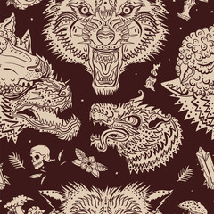 Wolves heads seamless pattern. Werewolf in sheep clothing. Dark gothic background. Magic medieval fairy tale style