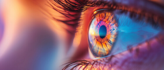 Stunning Macro Shot of a Human Eye Reflecting Vivid Colors with Exquisite Eyelash Detail - obrazy, fototapety, plakaty