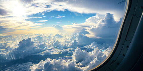 Sky view from an airplane window. White-blue clouds, sun rays. Travel by plane concept. Generative AI