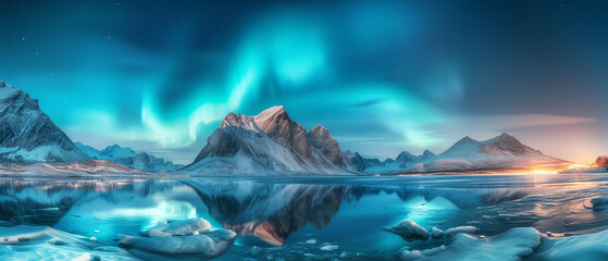 Majestic Northern Lights Dancing Over Snow-Covered Mountains Reflected in a Calm Arctic Lake at Twilight