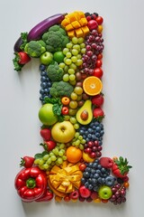 Naklejka na ściany i meble Vibrant number 1 made from colorful fruits and vegetables on clean white background