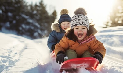 Happy young kids are sledding down the hill on sled or bobsledge. Amazing winter fun, a lot o snow and smiling faces
