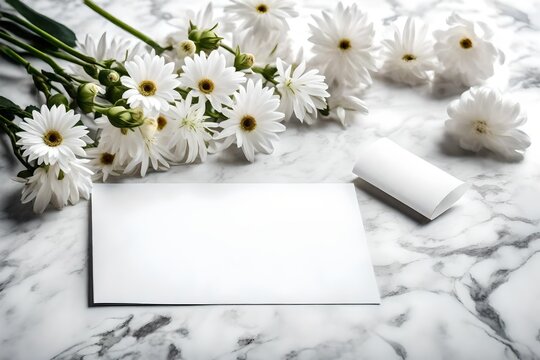 white flowers and a blank greeting card laying on a whit marble table . 