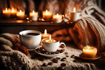 Obraz na płótnie Canvas Coffee cup with candles in cozy home atmosphere. Warm sweater and dry flowers