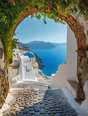 Rolgordijnen An arched gateway offering a glimpse of the sea, embodying the quintessential beach living of Santorini Island style © Brian Carter