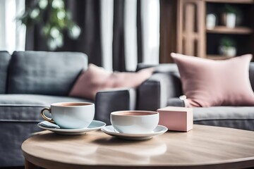 Fototapeta na wymiar Closeup of two coffee cups on the table in elegant living room with grey couch with pastel pink pillows, stylish armchair and vintage cabinet concept photo