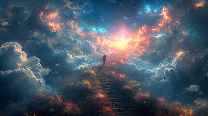 Fantasy scene with a man standing on a stairway to heaven. Generative AI.