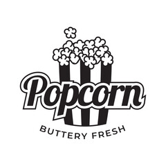 Popcorn logo, label, symbol or sign isolated on white background. Vector illustration of snack for your design.