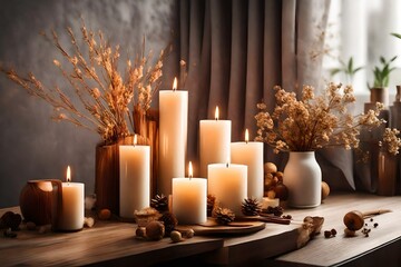 Elegant home decoration with wooden wick burning candle, room interior decor arrangement close-up