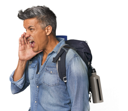 Hispanic hiker with backpack and flask shouting and holding palm near opened mouth.