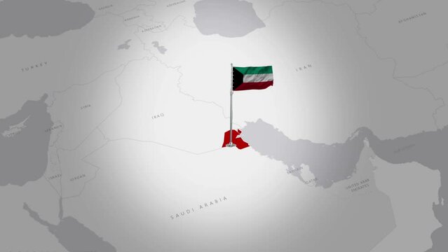 Aerial Views of Kuwait's Flag Above the Map.