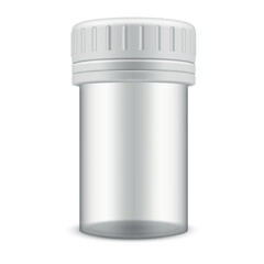 Transparent plastic jar with white cap for medical test empty container mockup realistic vector