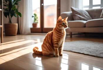 Ginger cat sitting on floor in cozy living room. Interior decor   - obrazy, fototapety, plakaty