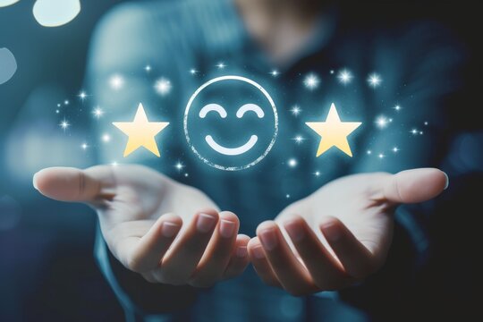 Experience excellent customer services happy smile, smiley face icon. Trustworthy support, top rated star ratings, positive feedback. Five star client service rating, customer success satisfaction.