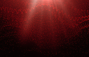 Red light from above, with dust. Defocused Particles. Rays of light on a dark red background. Festive