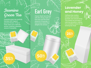 Tea sale discount flyer jasmine green earl grey lavender and honey mockup poster set vector
