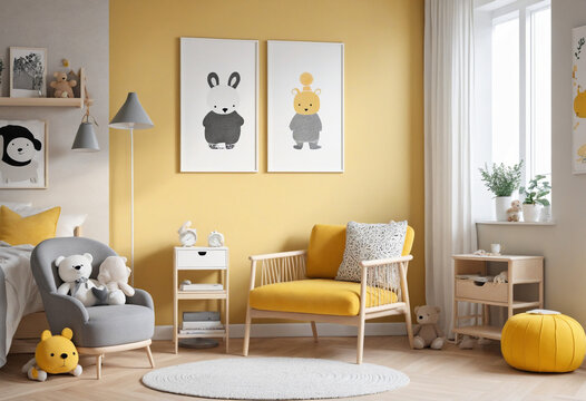 A creatively designed childrens room interior featuring a mock up poster frame, a white desk, a yellow armchair, plush toys, a pouf, a rattan sideboard, a gray lamp, and various personal accessories