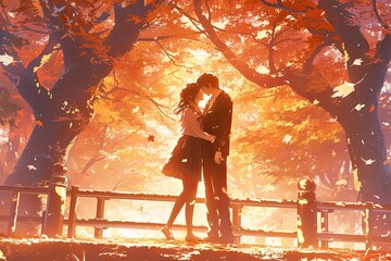 Couple Embraces Under Autumn Trees, Their Love Resonating In Picturesque Anime Setting