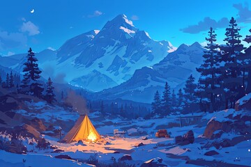 Nighttime Camping Scene In The Mountains With Cozy Bonfire And Tent