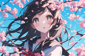 Naklejka premium Surprised Anime Girl With Black Hair Under Blooming Sakura Blossoms