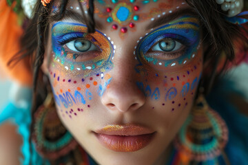young caucasian hippie woman with colorful painted makeup, eclectic, earthcore style, close up portrait