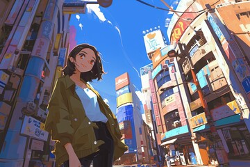 Fototapeta premium Vibrant, Animated Young Adult Immersed In The Bustling Urban Landscape
