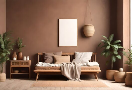 Cozy home interior with wooden furniture on brown background, empty wall mockup in boho decoration, 3d render  3d render  