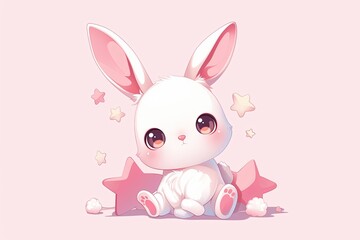 Adorable Bunny Character With Stars On Pink Background Vector Illustration