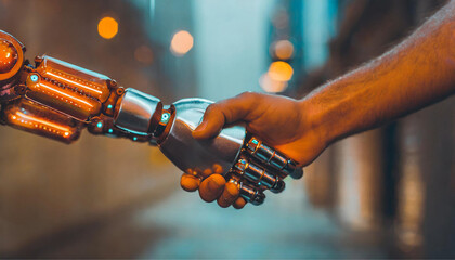 Um aperto de mão entre um robô e um humano. Detalhe de mãos humana e de um robô com fundo de tecnologia, desfocado.