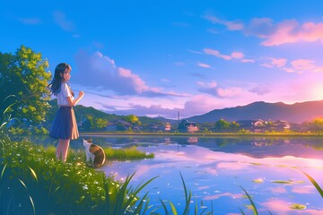 An Animated Background Featuring Girl And Cat By River At Sunset - obrazy, fototapety, plakaty